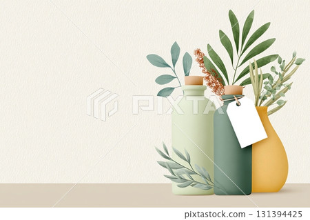 Organic product web banner featuring elegant glass bottles in soft beige tones, adorned with greenery and a blank tag for customizable branding and marketing purposes 131394425
