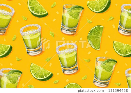 Colorful illustration of margaritas and tequila shots with lime slices on a vibrant yellow background, showcasing refreshing cocktails and lively summer vibes 131394438