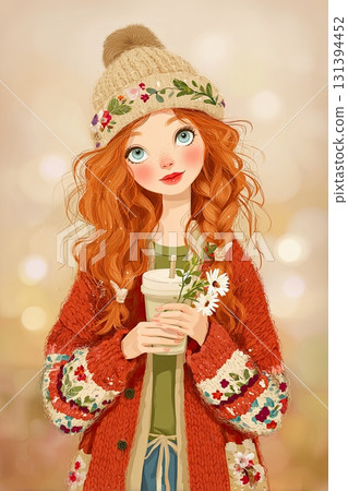 Red-haired girl in cozy boho sweater and hat holds a drink with flowers, surrounded by a warm, soft background, embodying a cheerful and artistic spirit 131394452