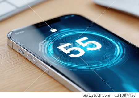 Smartphone on wooden desk displaying cyber security interface with lock symbol and digital elements, showcasing modern technology and innovation in digital security 131394453