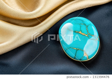 Turquoise gem resting on a black velvet surface with golden satin creating dramatic reflections and shadows 131394476