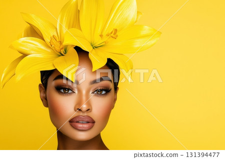Confident woman with radiant dark skin showcases beauty with a vibrant yellow flower headpiece in a minimalistic setting 131394477