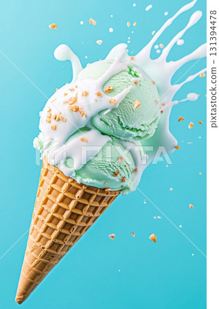 Delicious mint green and blush pink ice cream cone melts slightly under warm light against a bright background 131394478