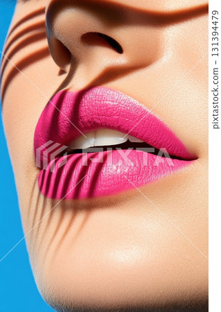 Bold magenta lipstick highlights facial features under soft lighting with shadows adding depth to the minimalist composition 131394479