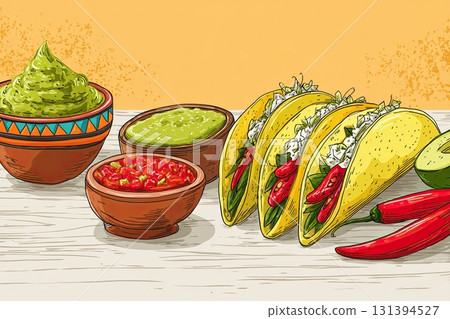 Colorful illustration of a Mexican food table featuring tacos, guacamole, salsa, and fresh ingredients, showcasing vibrant textures and appetizing presentation with copy space Colorful illustration of a Mexican food table featuring tacos, guacamole, salsa, and fresh ingredients, showcasing vibrant textures and appetizing presentation with copy space 131394527