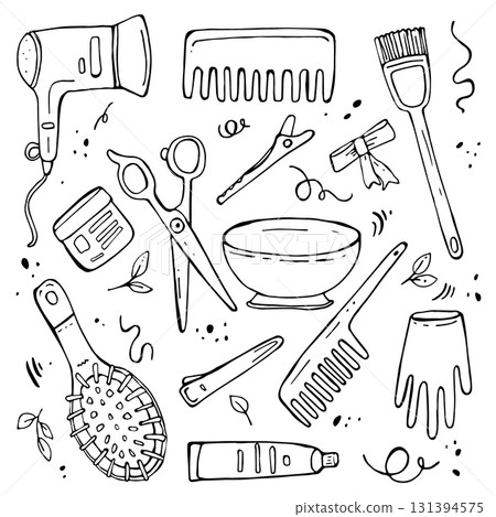 Hand drawn vector illustration with hairdressing tools in doodle style. Black outline sketch set of beauty salon items. Scissors, hair dryer, combs, gloves on white background. 131394575