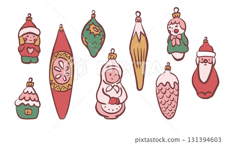 Set of retro Christmas tree baubles, contour flat vector illustration isolated on white. Cute hand drawn vintage Christmas decorations, toys. Colorful retro glass Christmas tree figurines, characters 131394603