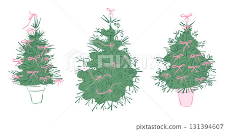 Holiday Christmas trees set with coquette pink bows. Vector sketch contour flat illustration of firs with ribbons in vintage style. Holiday Christmas trees set with coquette pink bows. Vector sketch contour flat illustration of firs with ribbons in vintage style. 131394607