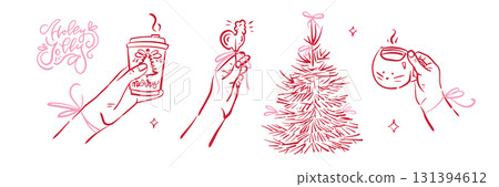 Coquette Christmas elements set - female hands holding a paper cup of coffee, a mug of tea, a cockerel lollipop. Winter whimsical clipart with pink bows. Vector contour hand drawn illustration. Coquette Christmas elements set - female hands holding a paper cup of coffee, a mug of tea, a cockerel lollipop. Winter whimsical clipart with pink bows. Vector contour hand drawn illustration. 131394612