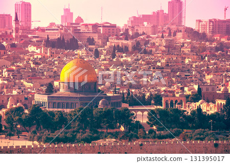 Panoramic view from Mount Olive of old city Jerusalem and Dome of the Rock, Temple Mount (Har Ha Bayit) at sunset, Israel Panoramic view from Mount Olive of old city Jerusalem and Dome of the Rock, Temple Mount (Har Ha Bayit) at sunset, Israel 131395017