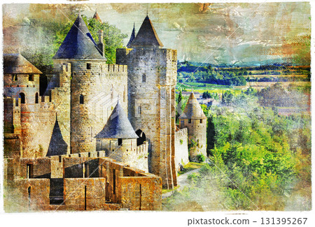 medieval castle Carcassonne, France, artisric picture medieval castle Carcassonne, France, artisric picture 131395267