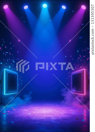 Colorful stage with glowing neon spotlights and vintage monitors Colorful stage with glowing neon spotlights and vintage monitors 131395307