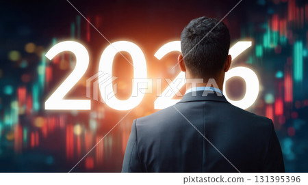 Businessman in suit gazing at glowing numbers representing future planning and growth, symbolizing strategy and success in 2026 131395396
