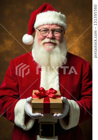 Santa claus holding christmas gift with red ribbon 131395560