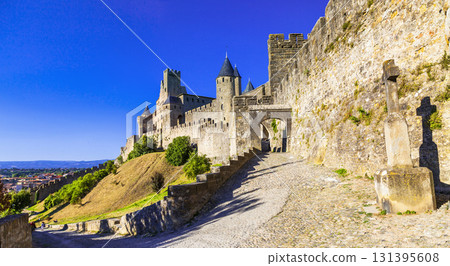 panorama Carcassonne castle- biggest town-fortress, France. 131395608