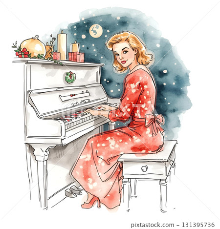 雪夜彈鋼琴的時尚女子(聖誕節) 雪夜彈鋼琴的時尚女子(聖誕節) 131395736