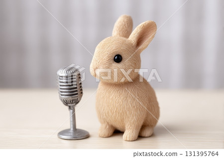 A small, adorable rabbit sits beside a microphone, ready to share its thoughts in a cozy home setting 131395764
