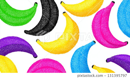 Brightly colored bananas in shades of pink, purple, blue, green, yellow, and black form an eye-catching, vibrant pattern suitable for fun displays 131395797