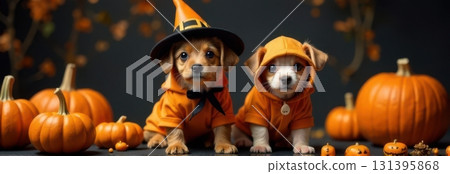 Two adorable puppies wearing halloween costumes...-插圖素材 [131395868 ...