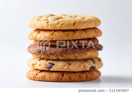 A tempting stack of cookies showcases different flavors and textures, perfect for any dessert lover looking for a sweet treat 131395907