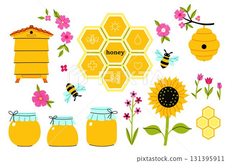 A set of graphics on the theme of honey and bees. Vector graphics. 131395911