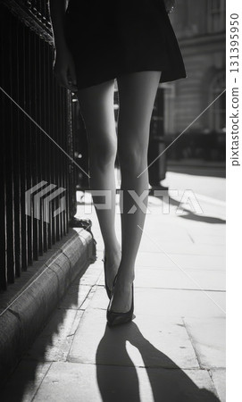 Sunlight casts a striking shadow of elegant legs in stylish heels on the urban pavement Sunlight casts a striking shadow of elegant legs in stylish heels on the urban pavement 131395950