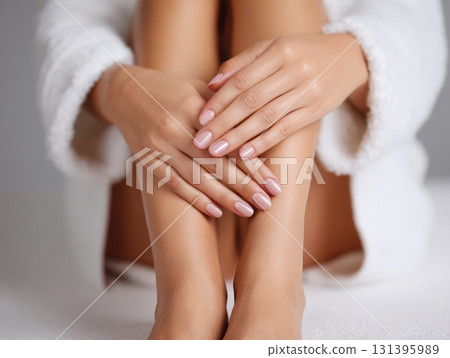 Enjoying a soothing pedicure while sitting comfortably, hands resting on bare legs in a peaceful spa atmosphere 131395989