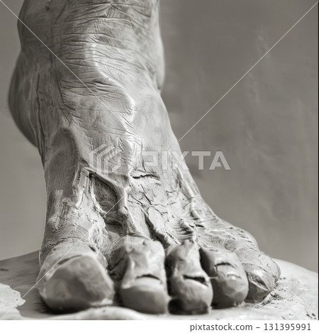 A close view of a finely crafted foot sculpture showcasing detailed textures and realism. The artist highlights anatomy A close view of a finely crafted foot sculpture showcasing detailed textures and realism. The artist highlights anatomy 131395991