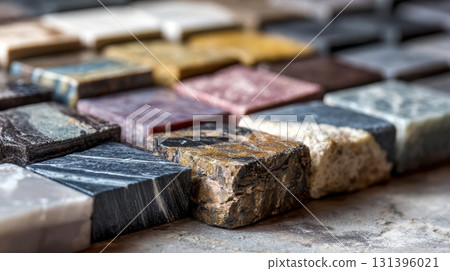 Displayed stone samples highlight diverse colors and patterns, perfect for study and appreciation in geology 131396021