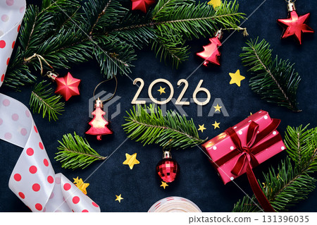 New Year 2026 background. Number of the coming year in Christmas decoration. 131396035