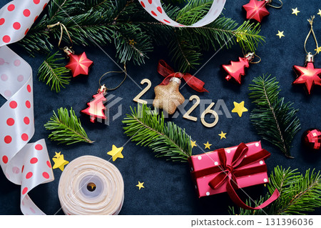 New Year 2026 background. Number of the coming year in Christmas decoration. 131396036