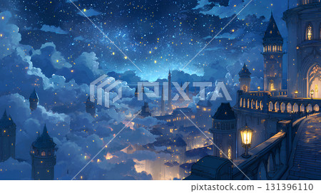 A fantastical cityscape floating in a sea of clouds and a starry sky 131396110