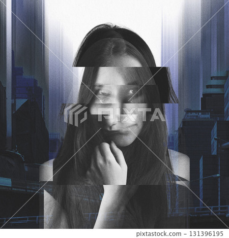 Abstract woman portrait in glitch style and surreal cityscape background 131396195