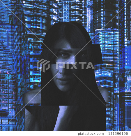 Abstract woman portrait in glitch style and surreal cityscape background 131396196