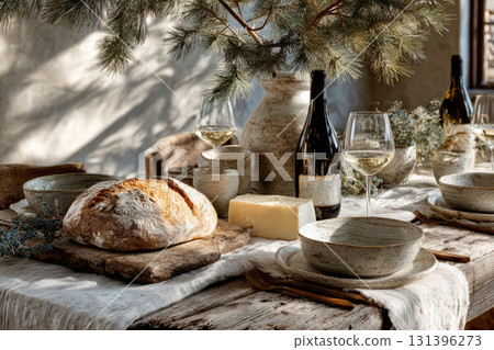 Rustic dining table set with fresh bread, cheese, wine, and tableware 131396273
