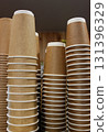 Vertical Photo Of Various Cardboard Cups For Coffee Are Stacked  131396329