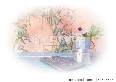 Macchinetta (espresso machine) on a table, watercolor style 131396377