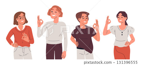 Cartoon people with positive gestures. Cheerful characters showing thumbs up and ok signs flat vector illustration set. Positive person communication gestures Cartoon people with positive gestures. Cheerful characters showing thumbs up and ok signs flat vector illustration set. Positive person communication gestures 131396555