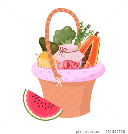 Fruits and vegetable in wicker basket. Handle picnic basket flat vector illustration. Cartoon wicker basket on white background 131396558