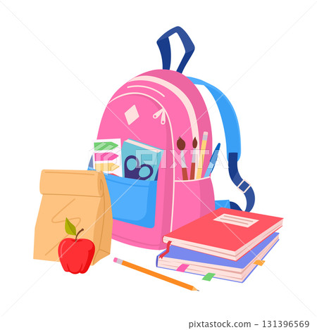 Kids school backpack. School education elements, books and school supplies flat vector illustration. Cartoon middle school students backpack Kids school backpack. School education elements, books and school supplies flat vector illustration. Cartoon middle school students backpack 131396569