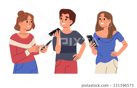People using smartphone. Man and woman talking on cellphone, chatting, using internet flat vector illustration set. Characters holding smartphones 131396573