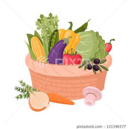 Wicker picnic basket. Fresh vegetables in hamper basket, wicker basket flat vector illustration. Handle picnic basket with veggies 131396577