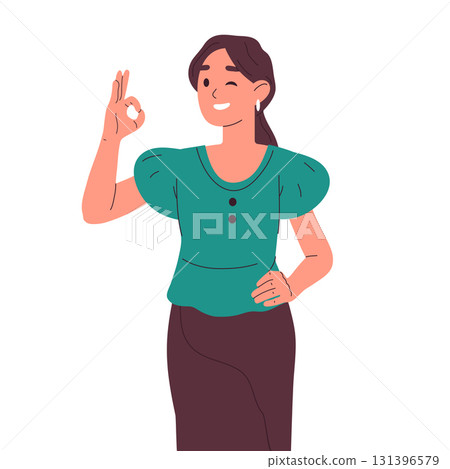 Woman show okay sign. Cartoon girl with positive approval gesture, happy person body language flat vector illustration. Cheerful lady with hand sign Woman show okay sign. Cartoon girl with positive approval gesture, happy person body language flat vector illustration. Cheerful lady with hand sign 131396579