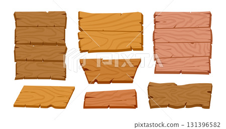 Wooden sign boards. Cartoon rustic planks, wooden ribbon boards, retro curved banners flat vector illustrations set. Vintage ribbons signs on white 131396582