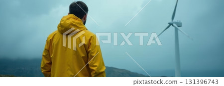 Engineer observing wind turbine working on a cloudy day: renewable energy concept 131396743