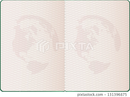 Open passport displaying a world map watermark on textured paper, ready for international travel 131396875