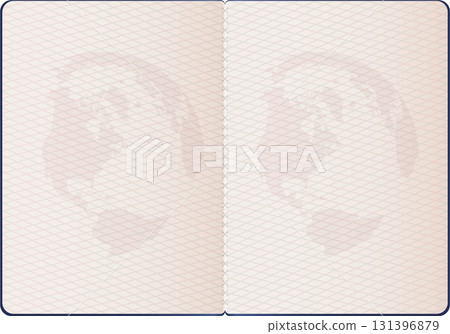 Open passport showing a world map watermark over a patterned surface, ready for visa stamps. 131396879