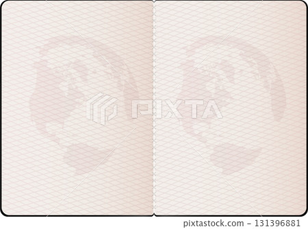 Open book spreads show a light-colored, textured surface suggesting a world map design. 131396881