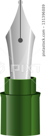 A silver fountain pen nib attached to a cylindrical, dark green pen body, set on black background. A silver fountain pen nib attached to a cylindrical, dark green pen body, set on black background. 131396889