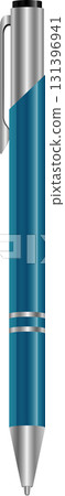 Illustration of a click-top pen with a blue body, silver accents, and a pocket clip. 131396941